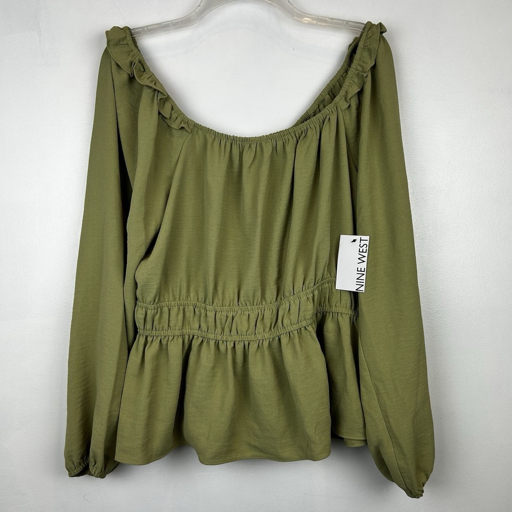 Peplum Shirt Top Women L Green Solid Balloon Sleeve Milk Maid Flowy Softgirl New